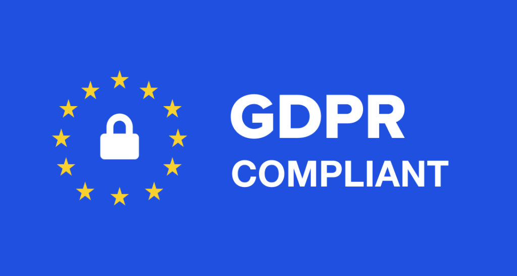 GDPR Compliant writtern in white letters on a blue bacground with yellow stars symbolizing the european union
